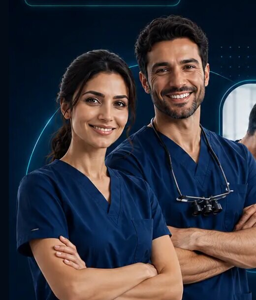 فريق من أطباء الأسنان داخل بيئة عيادة حديثة